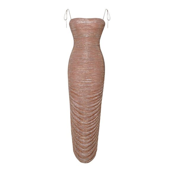 The Glint Rose Gold Ruched Chiffon Long Maxi Dress - Picture 5 of 8